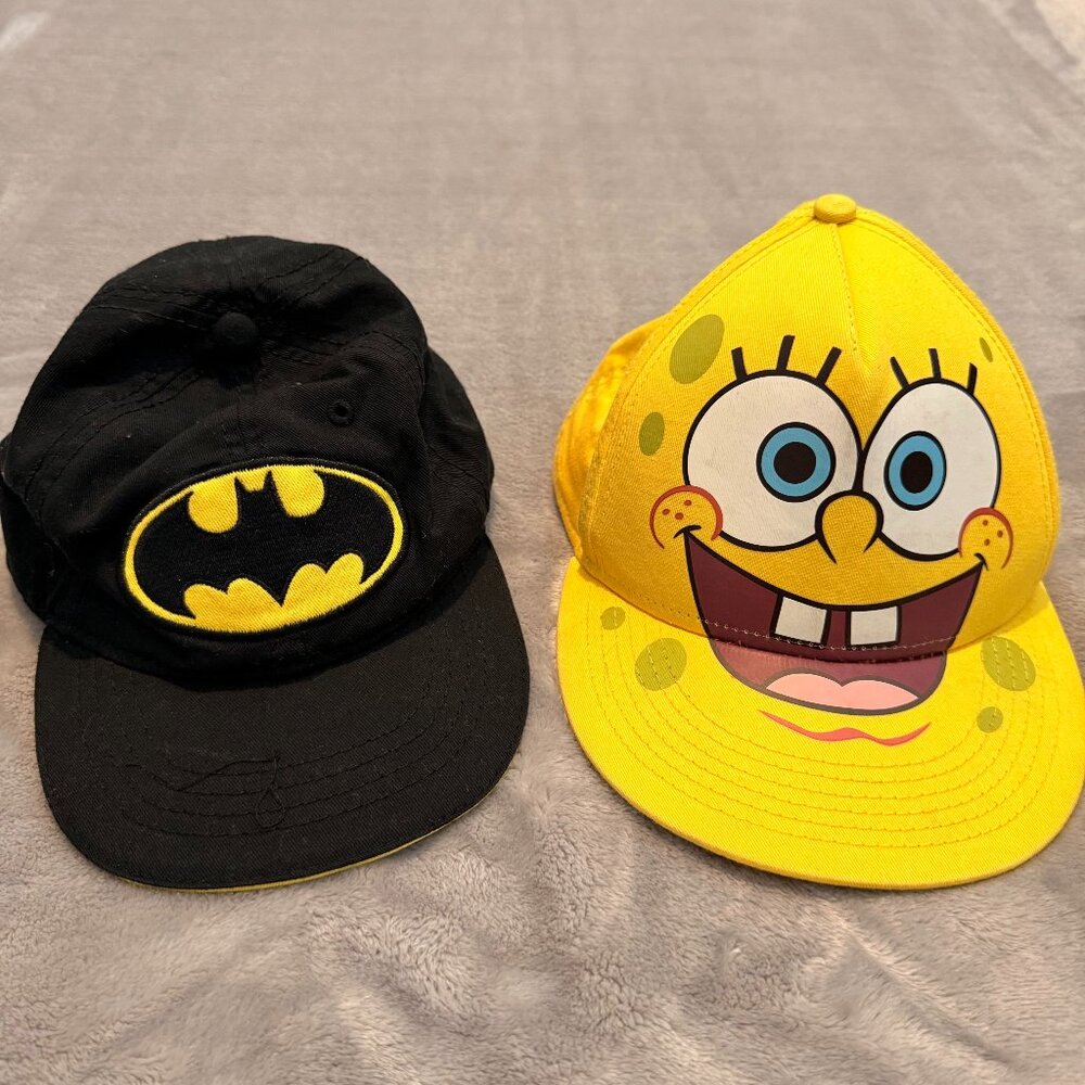 Set of 2 Youth Hats Nickelodeon SpongeBob Snapback & DC Batman Elastic Cap